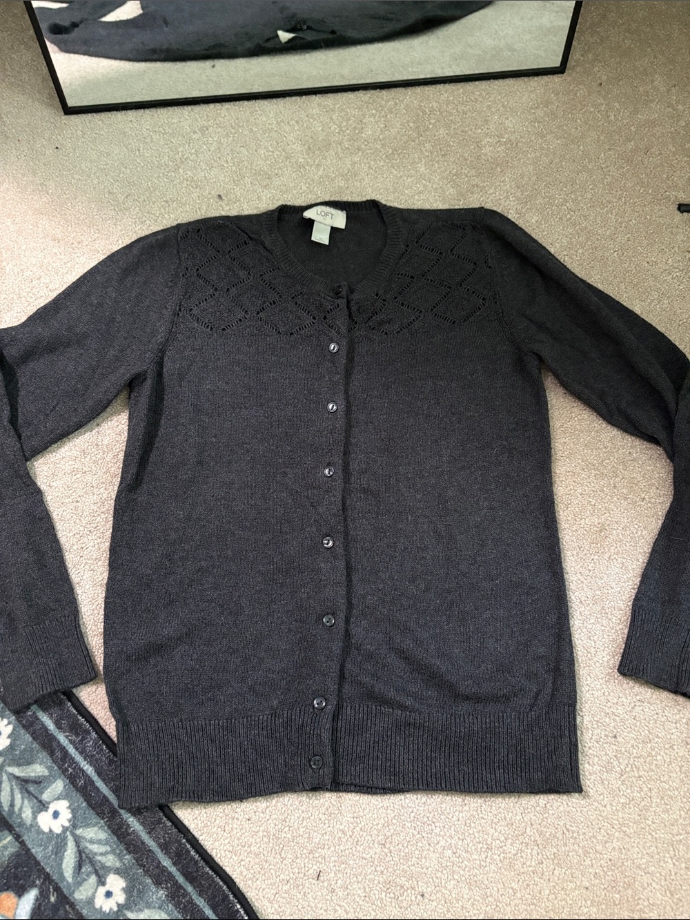 LOFT Dark Charcoal Eyelet Yoke Button-Front Cardigan